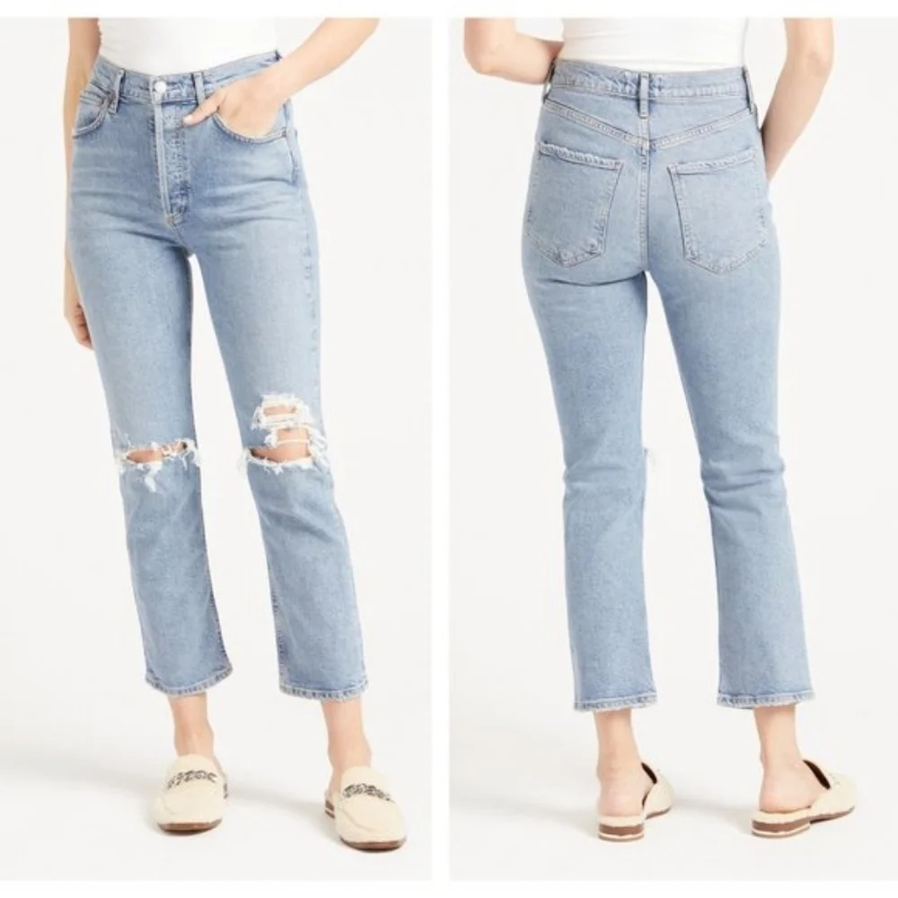 AGOLDE Riley High Rise Straight Jeans Whiplash Distressed Blue